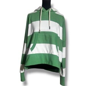 Wanakome Green and White Horizontal Striped Relaxed Fit Hooded Sweatshirt